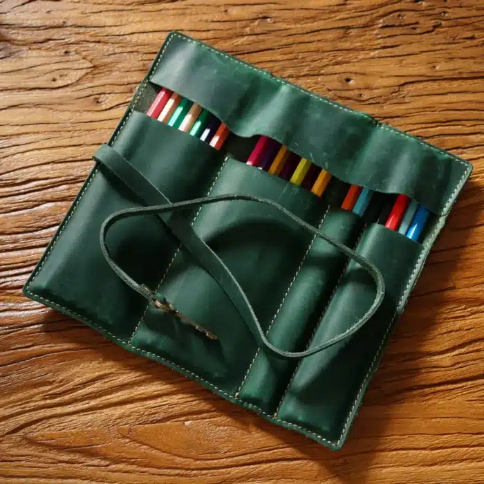 Trousse à crayons en cuir véritable, corde à cravate avec stylos clés, sac rétro pour papeterie scolaire et de bureau, sacs de rangement pour étudiants, cadeau fait à la main 4