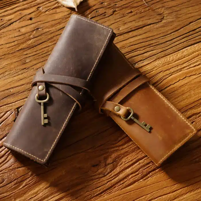 Trousse à crayons en cuir véritable, corde à cravate avec stylos clés, sac rétro pour papeterie scolaire et de bureau, sacs de rangement pour étudiants, cadeau fait à la main 2