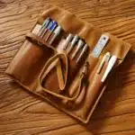 Trousse à crayons en cuir véritable, corde à cravate avec stylos clés, sac rétro pour papeterie scolaire et de bureau, sacs de rangement pour étudiants, cadeau fait à la main 1