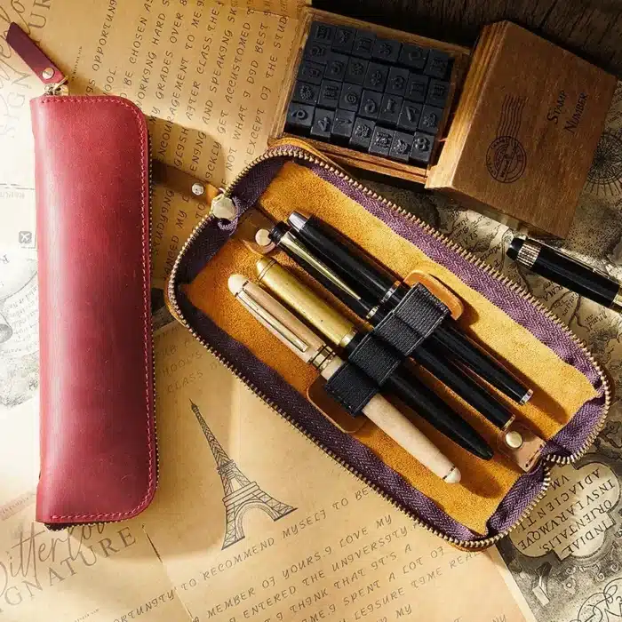 Trousse à crayons en cuir véritable avec fermeture éclair, pochette à stylos rétro Vintage pour écoliers, sac de papeterie en cuir de vache avec 4 emplacements pour stylos, vente en gros 3