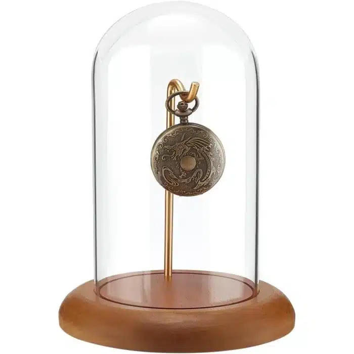 Cloche de dôme d'affichage en verre pour montre de poche, avec crochet, pot d'affichage de montre de 5.7 "x 7.6", dôme en verre transparent avec Base en bois, montre végétale 1